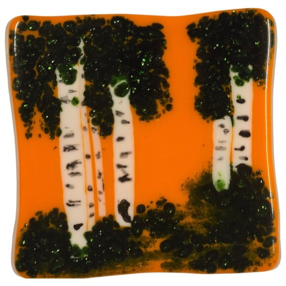 Birch Tree Fused Glass Art Orange Glitter Green Wood Nature Artsy OOAK Vintage - Picture 8 of 16